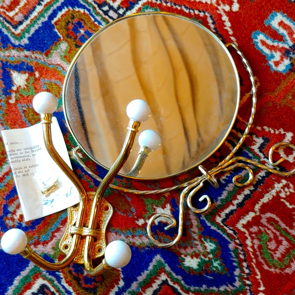 Brass & Porcelain Knobs double Wall Hook & Mirror - Picture 1 of 5